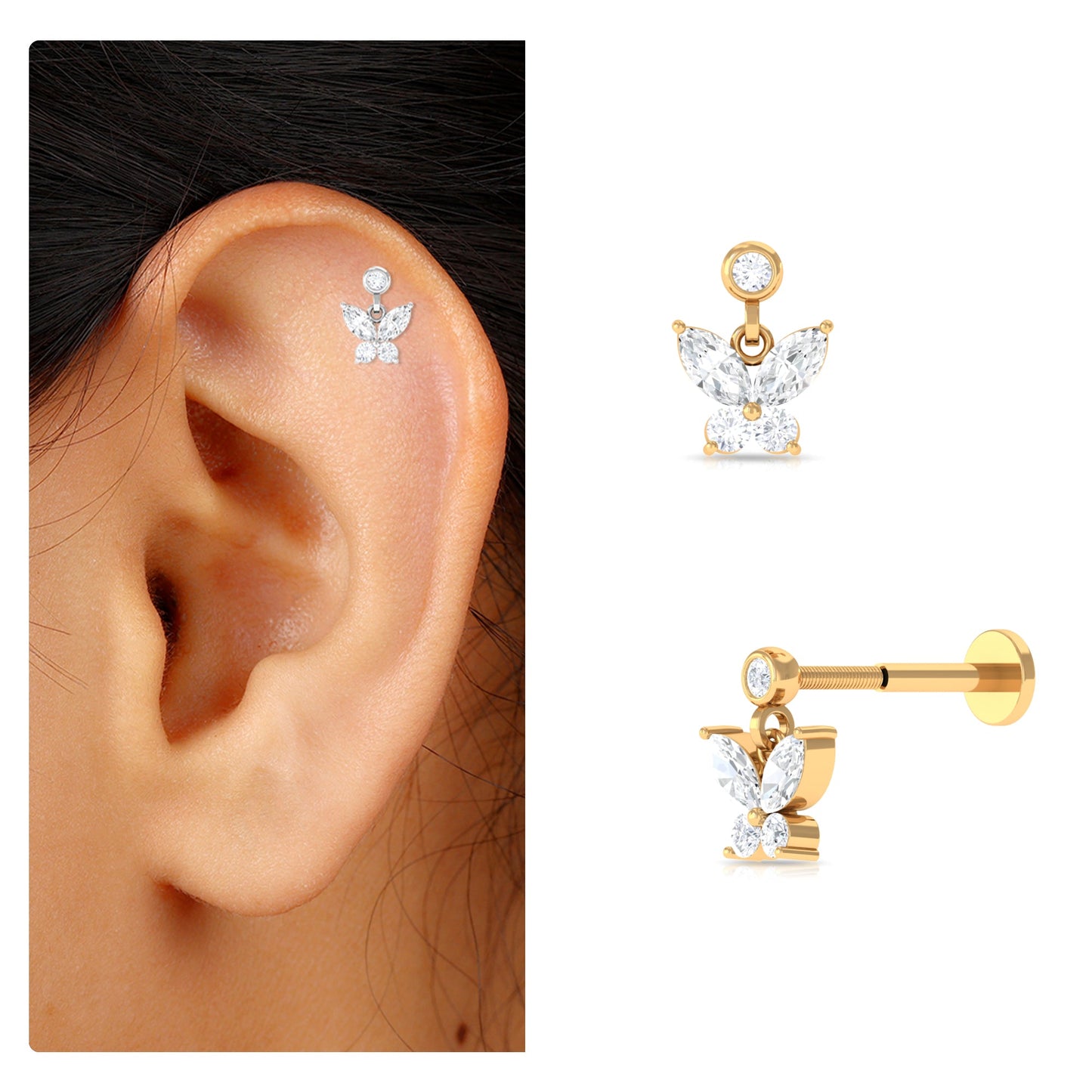 Marquise Moissanite Butterfly Dangly Earring for Helix Piercing