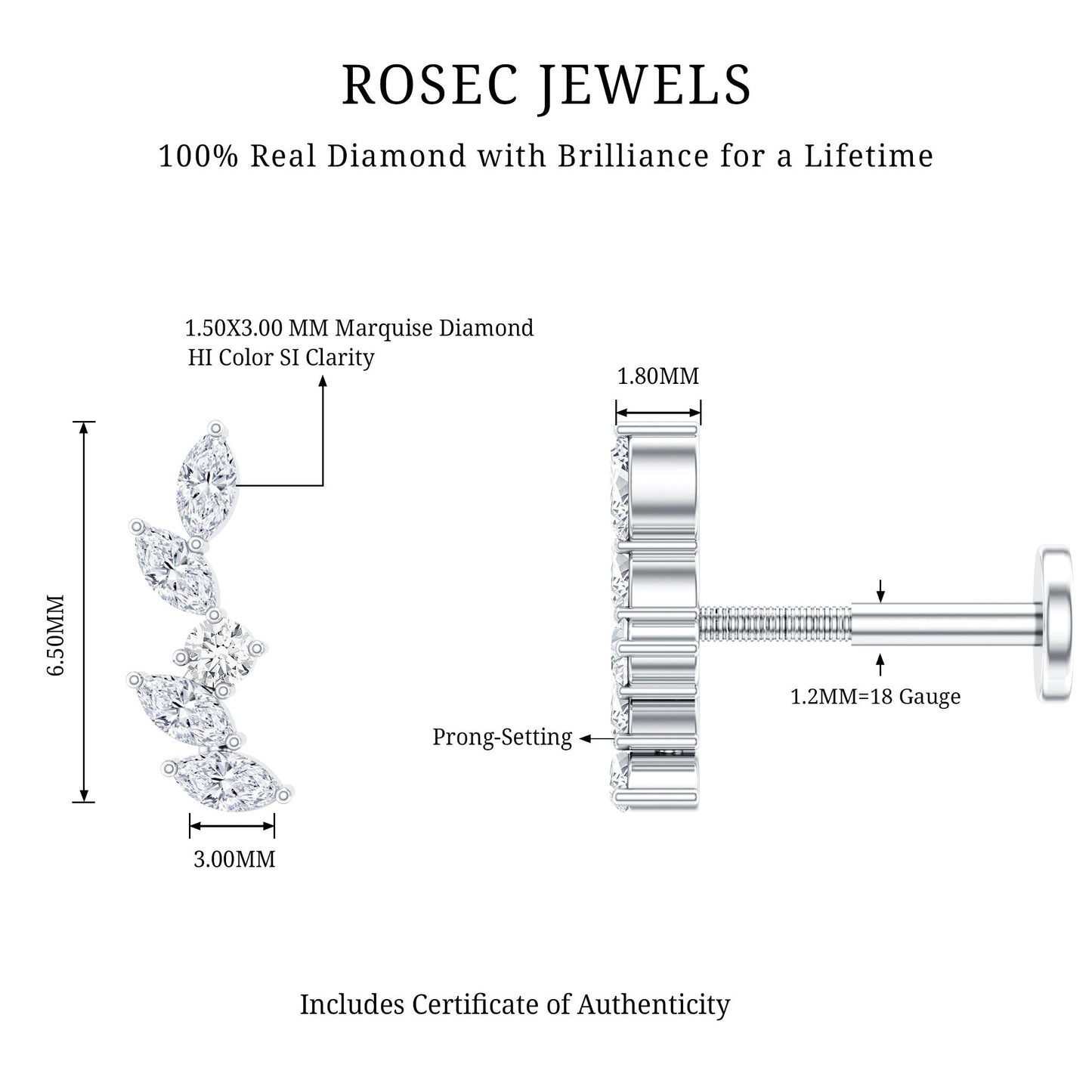 Marquise Shape Diamond Leaf Crawler Helix Earring