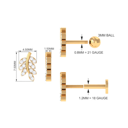 Natural Diamond Olive Leaf Earring for Cartilage Piercing