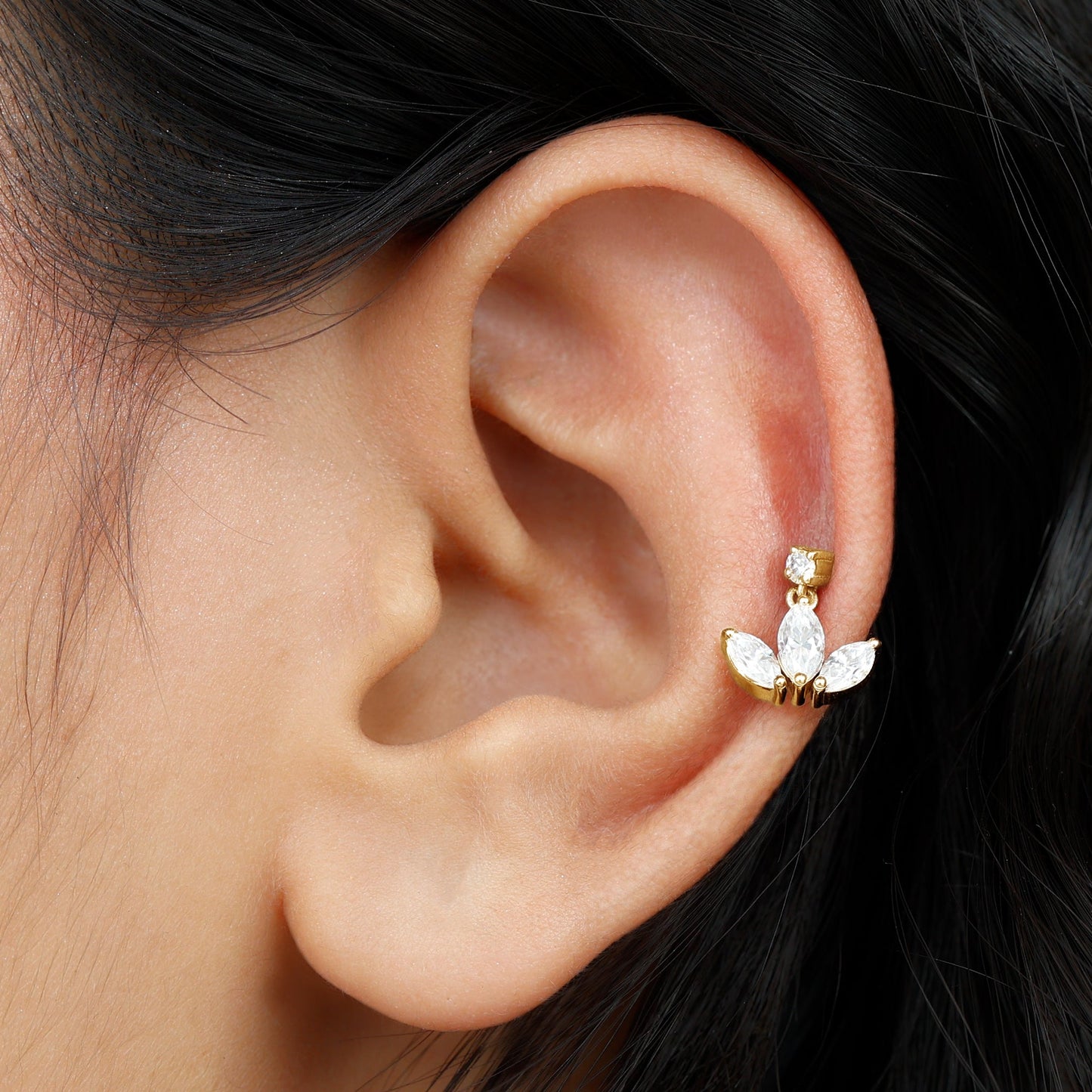 Marquise Cut Moissanite Lotus Flower Drop Helix Earring