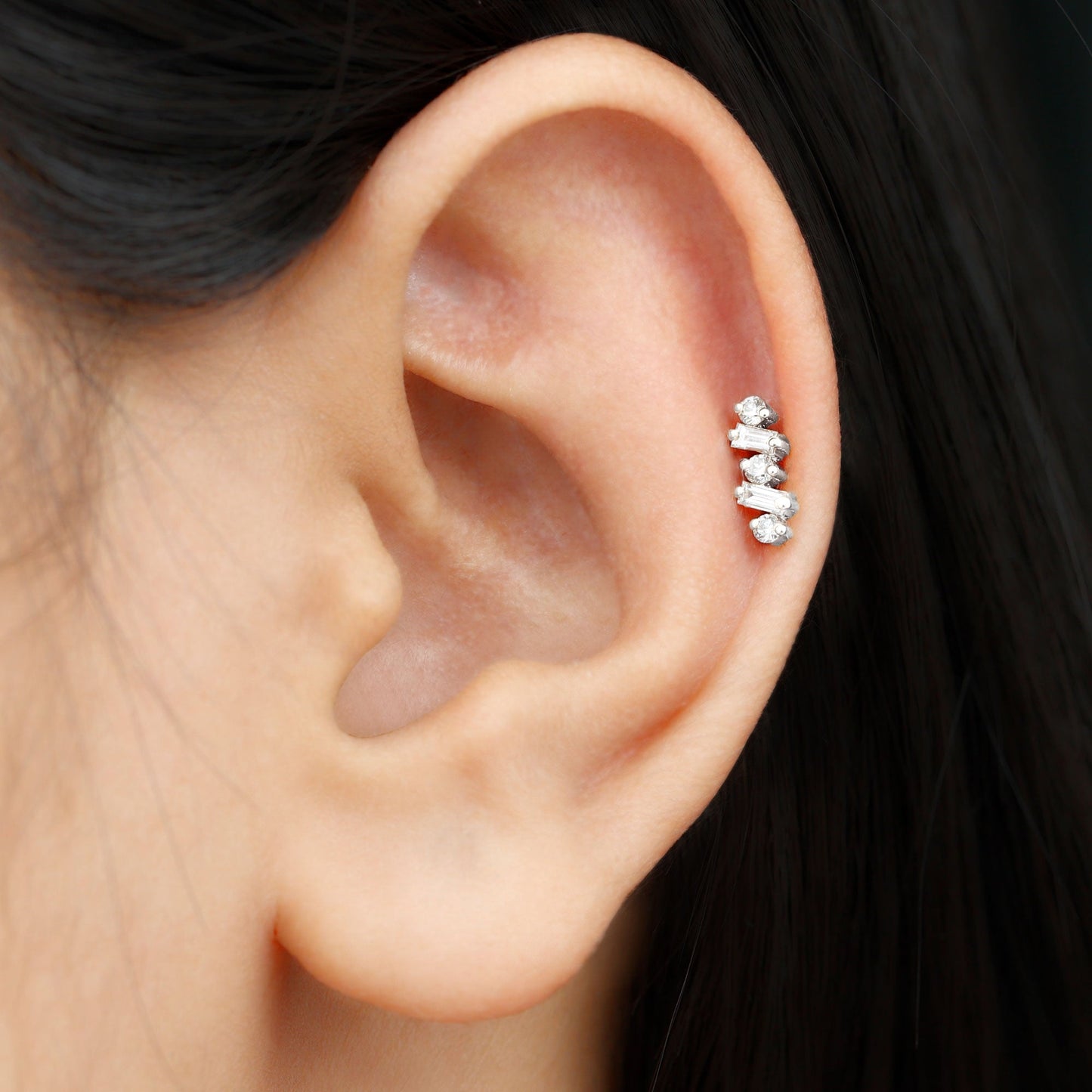 Baguette and Round Moissanite Ear Crawler Earring