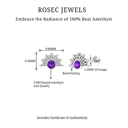 Bezel Set Round Amethyst Sunburst Helix Earring
