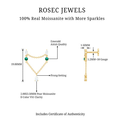 Moissanite Double Piercing Earring with Created Emerald