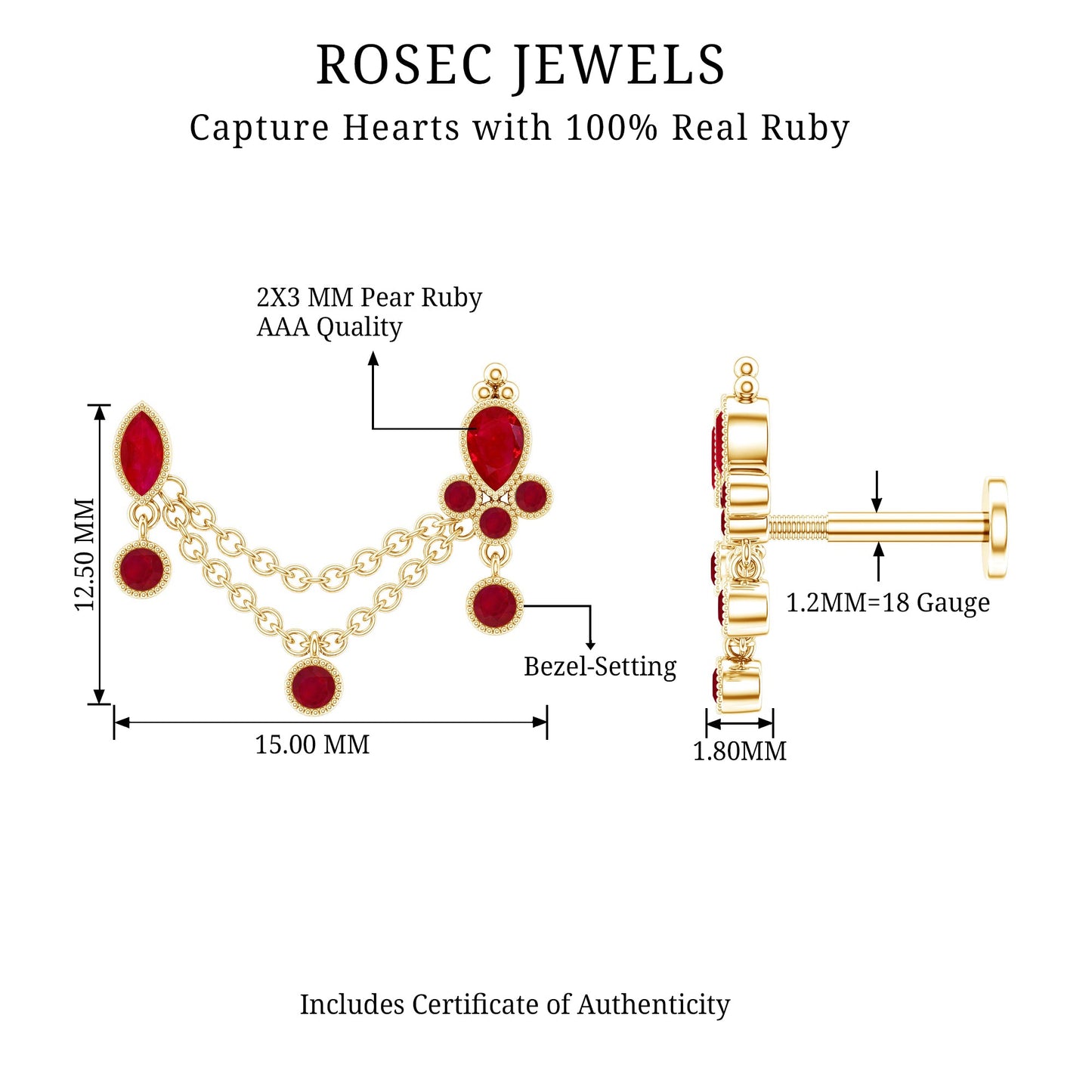 Natural Ruby Double Piercing Earring with Dangling Chain