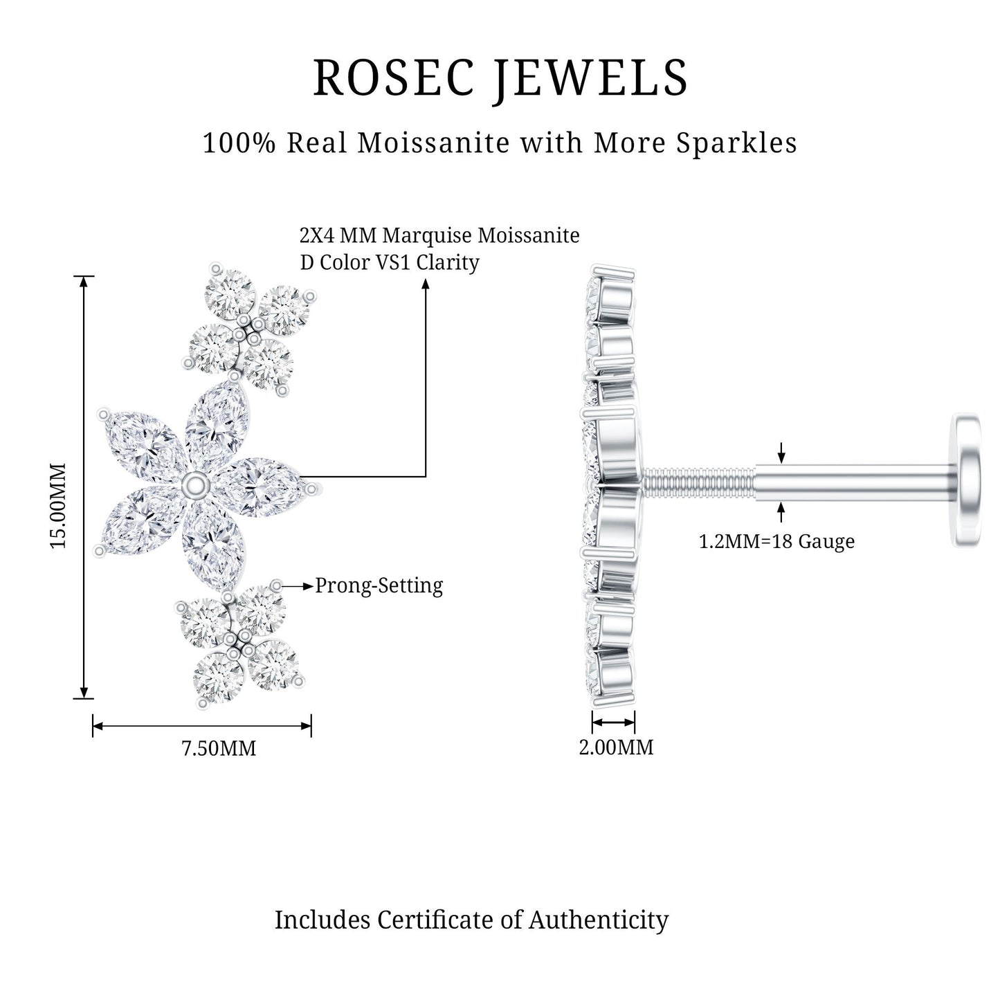 Certified Round Moissanite Flower Ear Crawler Earring