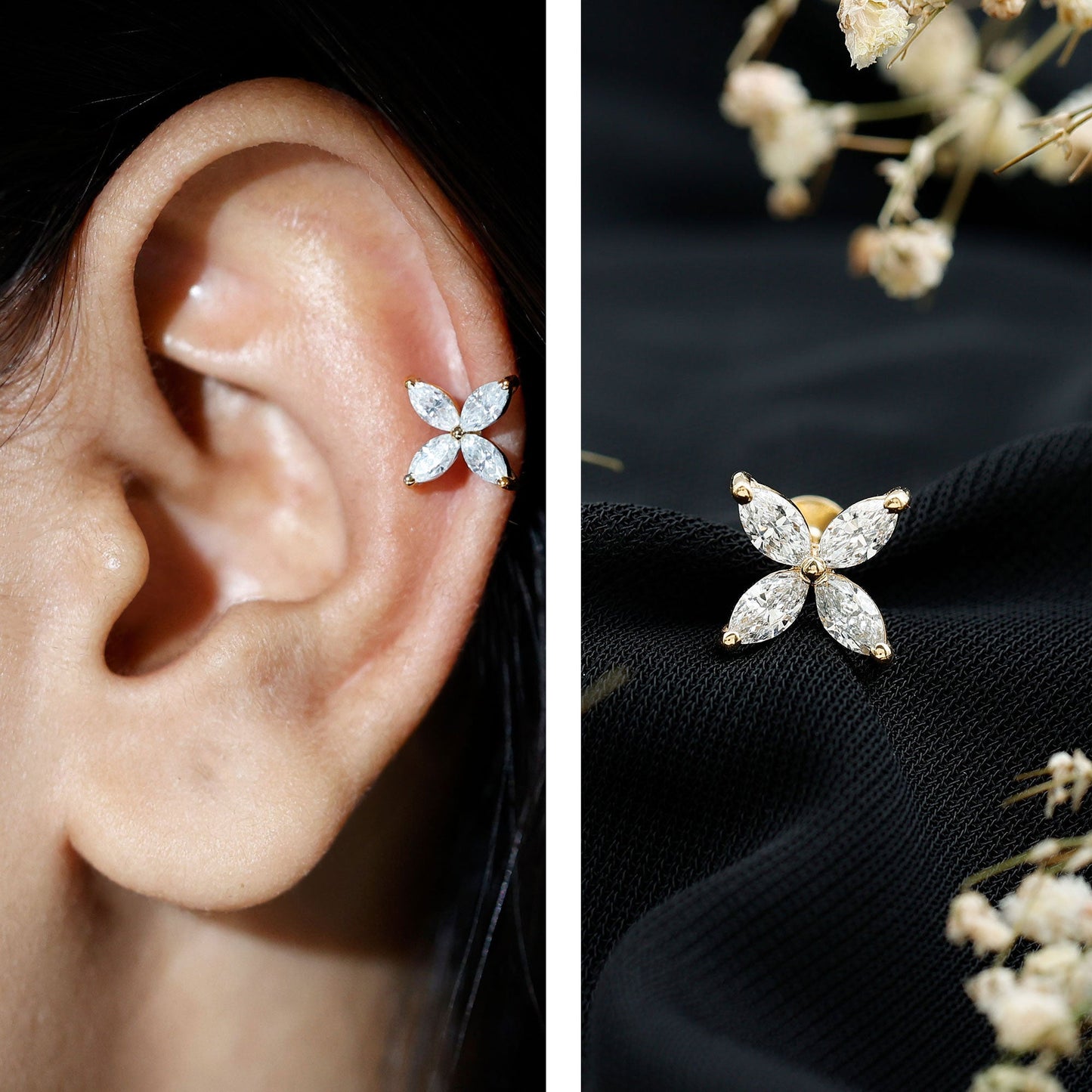 Marquise Cut Moissanite Flower Cartilage Earring