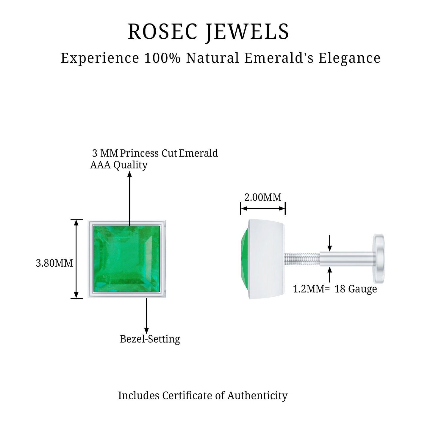 Real Princess Cut Emerald Helix Earring in Bezel Setting