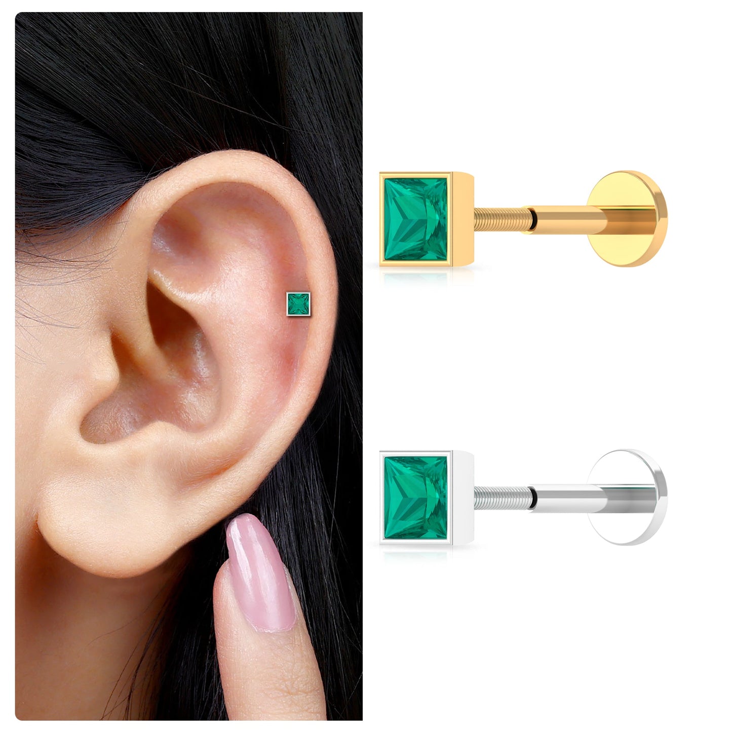 Real Princess Cut Emerald Helix Earring in Bezel Setting