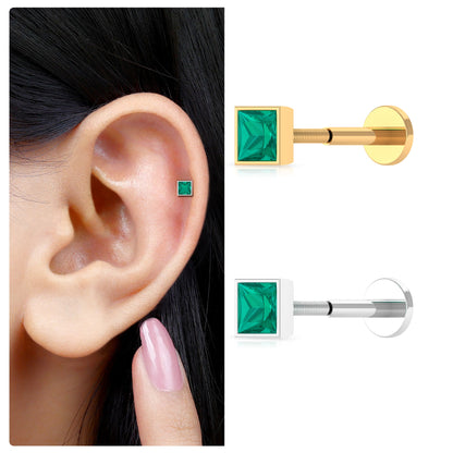Real Princess Cut Emerald Helix Earring in Bezel Setting