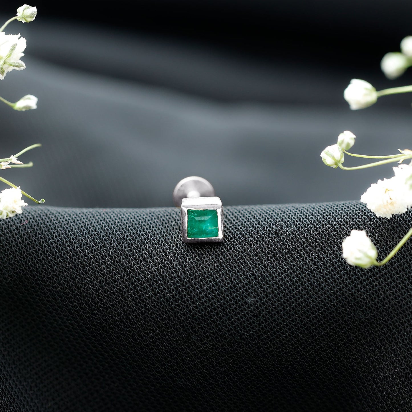 Real Princess Cut Emerald Helix Earring in Bezel Setting