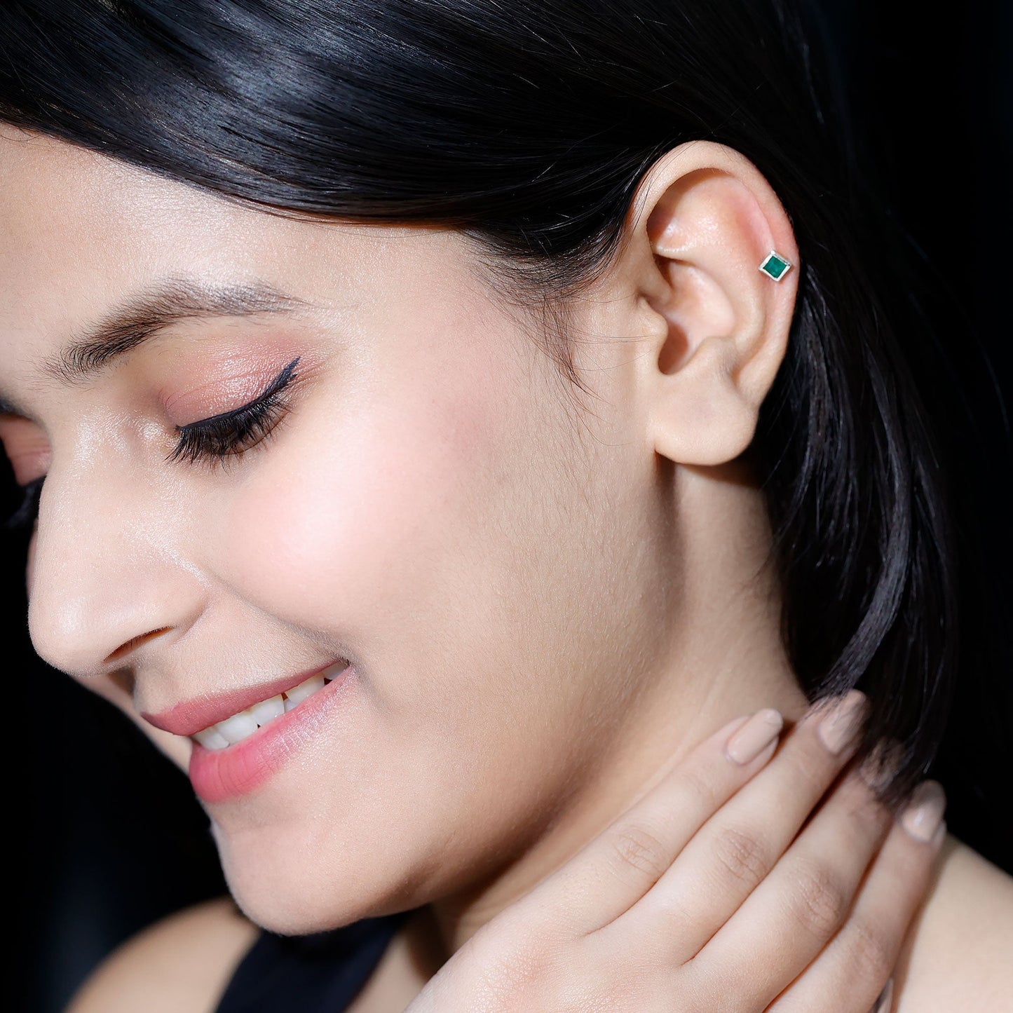 Real Princess Cut Emerald Helix Earring in Bezel Setting