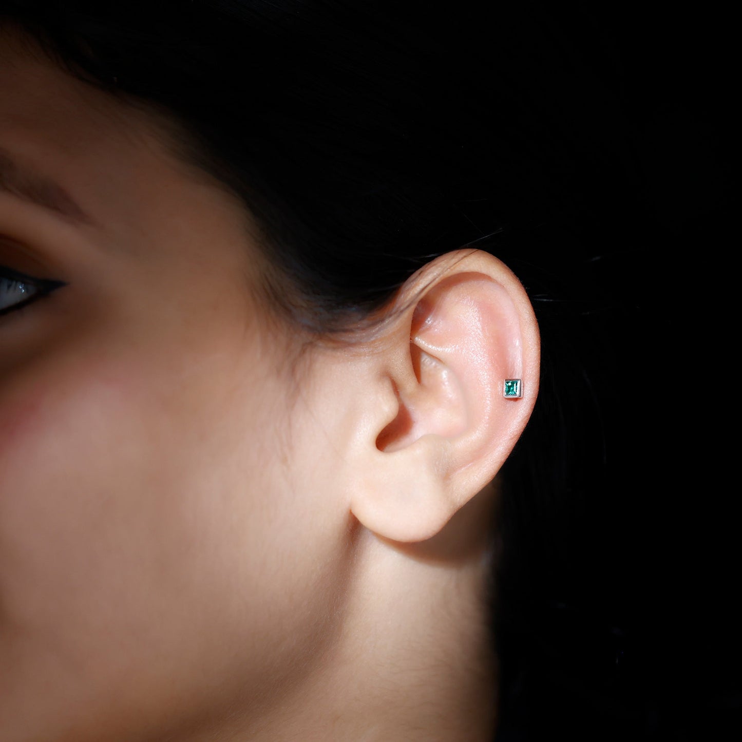Real Princess Cut Emerald Helix Earring in Bezel Setting