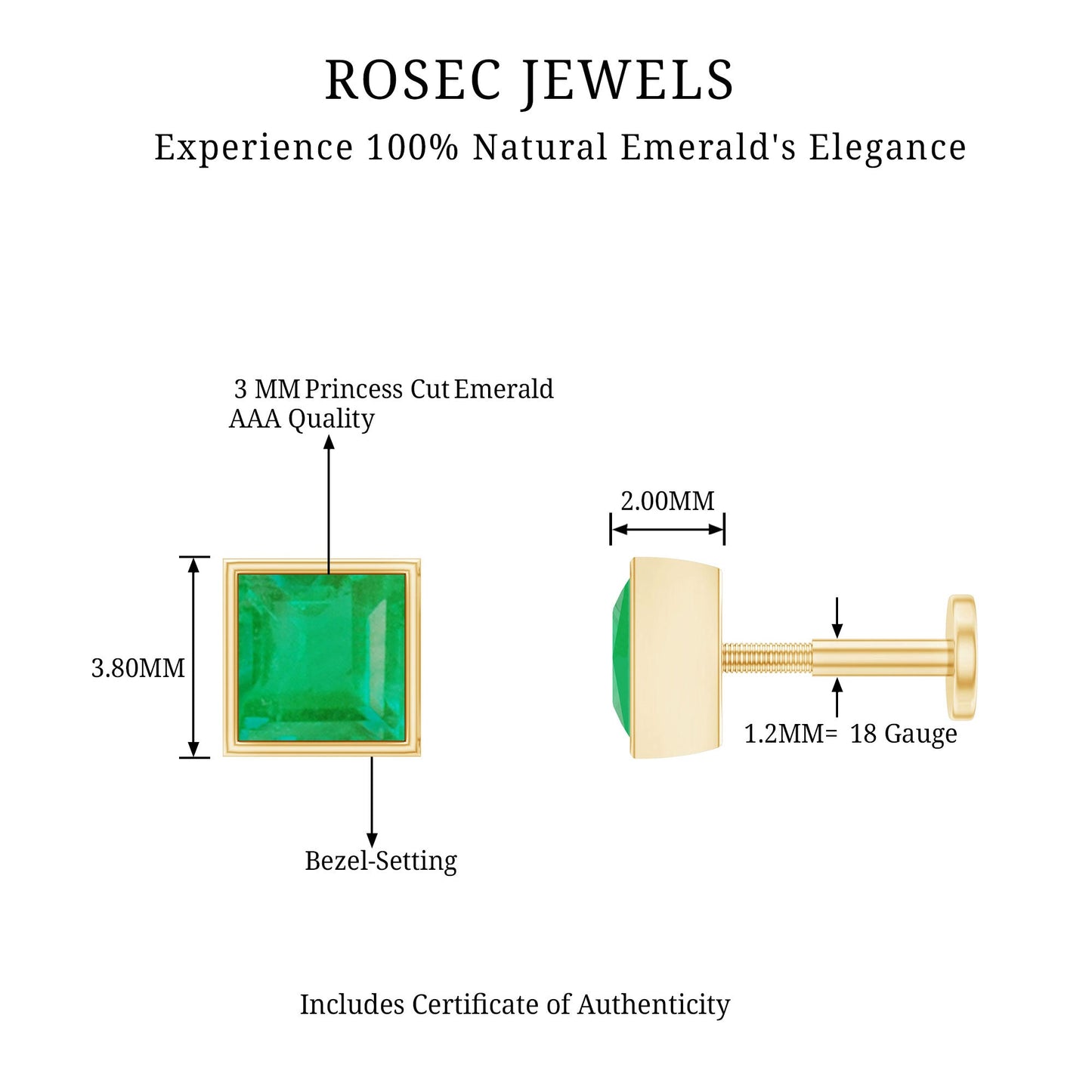 Real Princess Cut Emerald Helix Earring in Bezel Setting