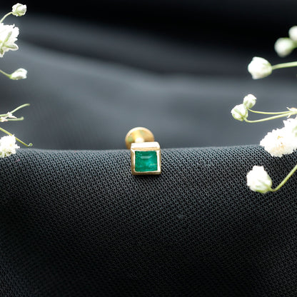 Real Princess Cut Emerald Helix Earring in Bezel Setting