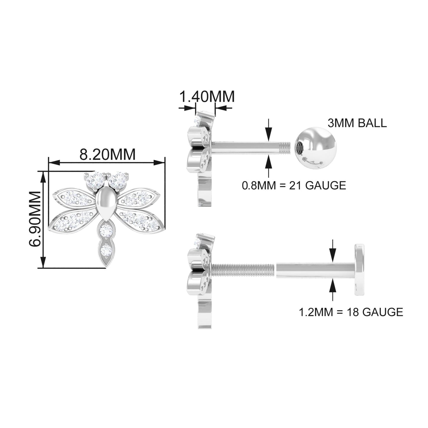 Diamond Dragon Fly Earring for Helix Piercing