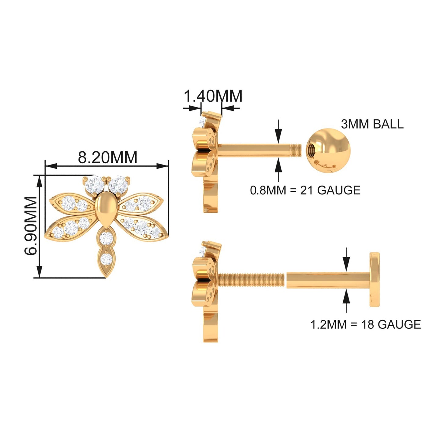 Diamond Dragon Fly Earring for Helix Piercing
