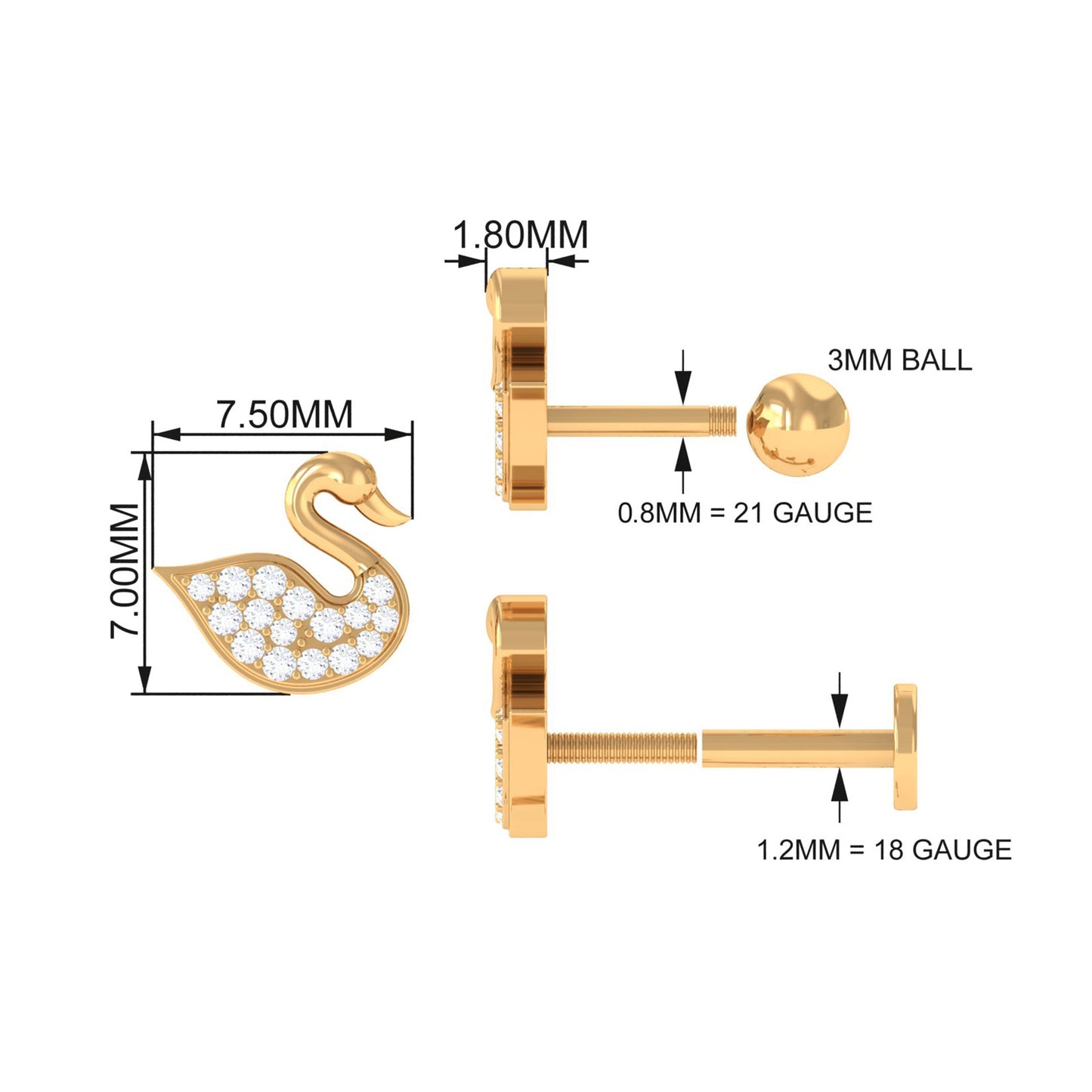 Diamond Swan Earring for Upper Lobe Piercing