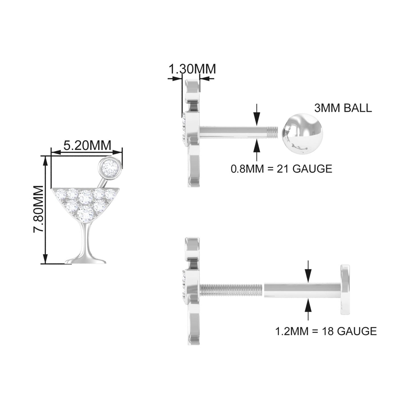 Diamond Wine Glass Earring for Tragus Piercing