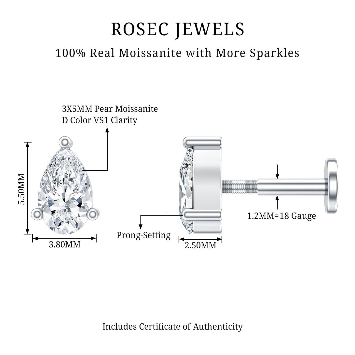 Pear Shape Moissanite Solitaire Conch Earring