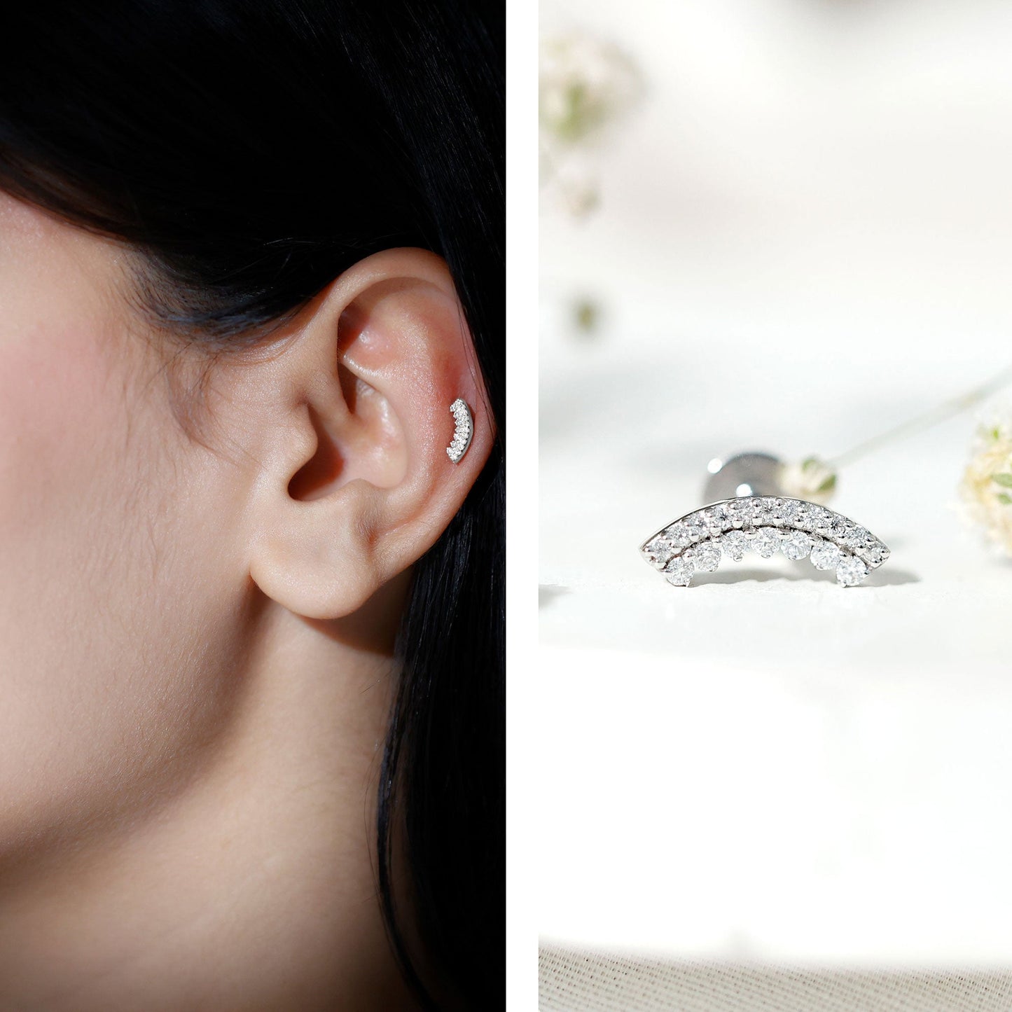 Certified Moissanite Curved Earring for Cartilage Piercing