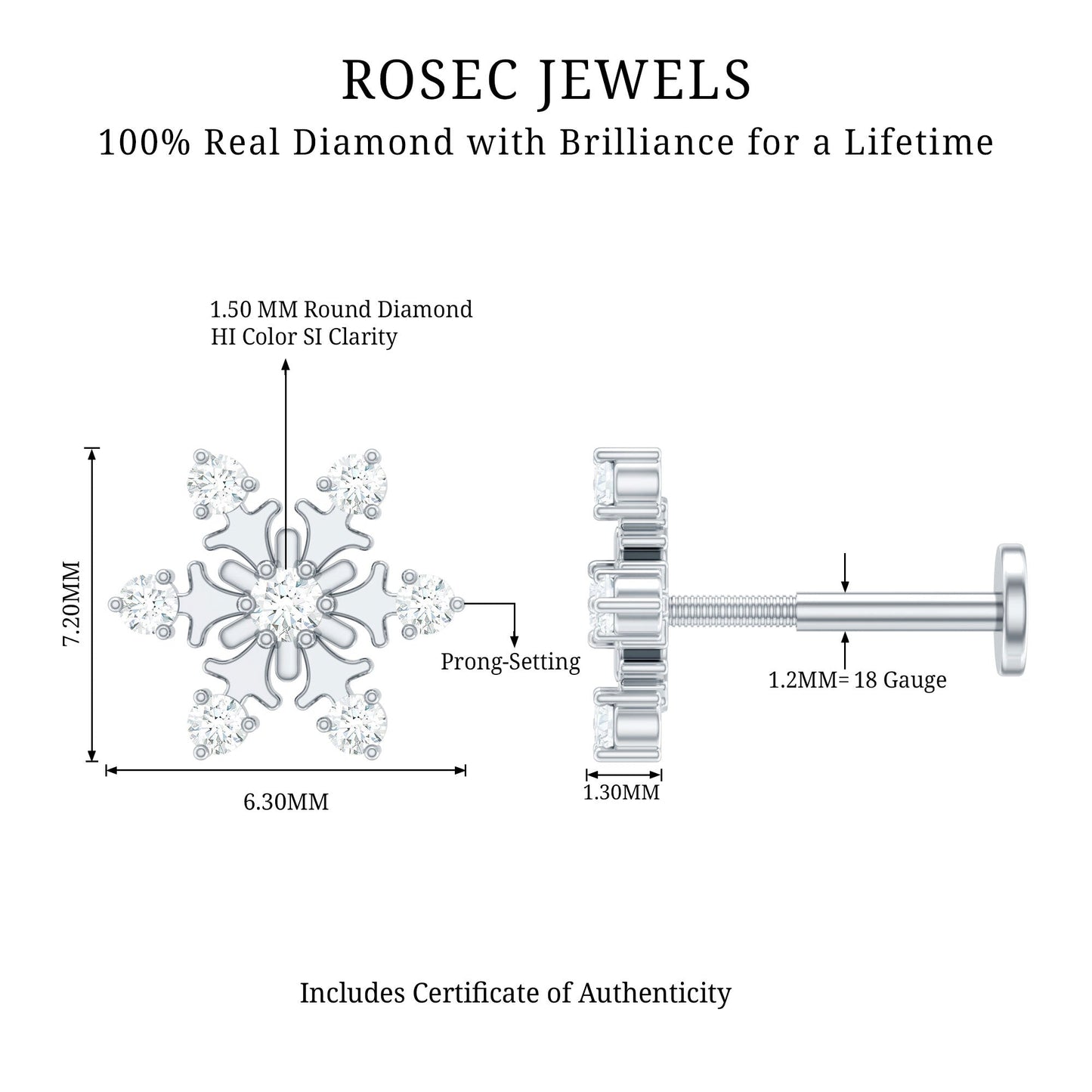Diamond Snowflake Earring for Upper Lobe Piercing