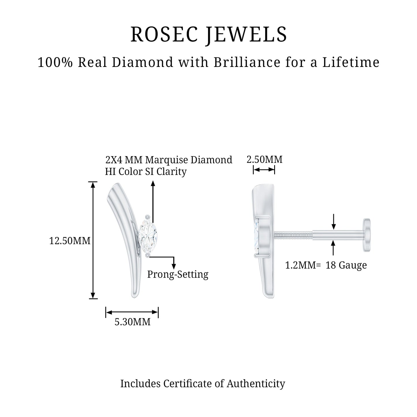 Marquise Cut Diamond Solitaire Earring for Tragus Piercing