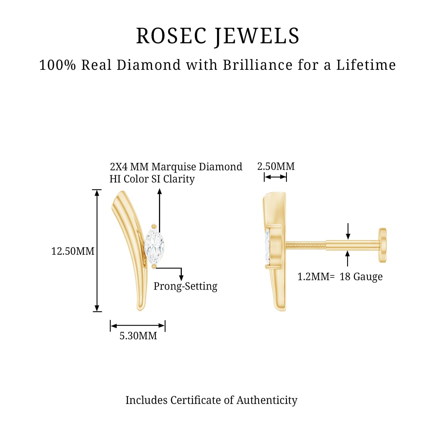 Marquise Cut Diamond Solitaire Earring for Tragus Piercing