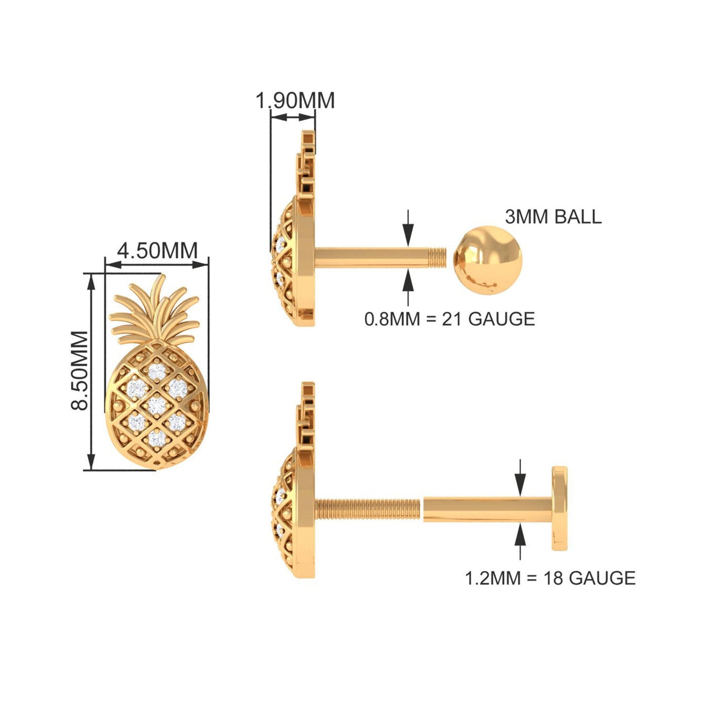 Diamond Pineapple Earring for Cartilage Piercing