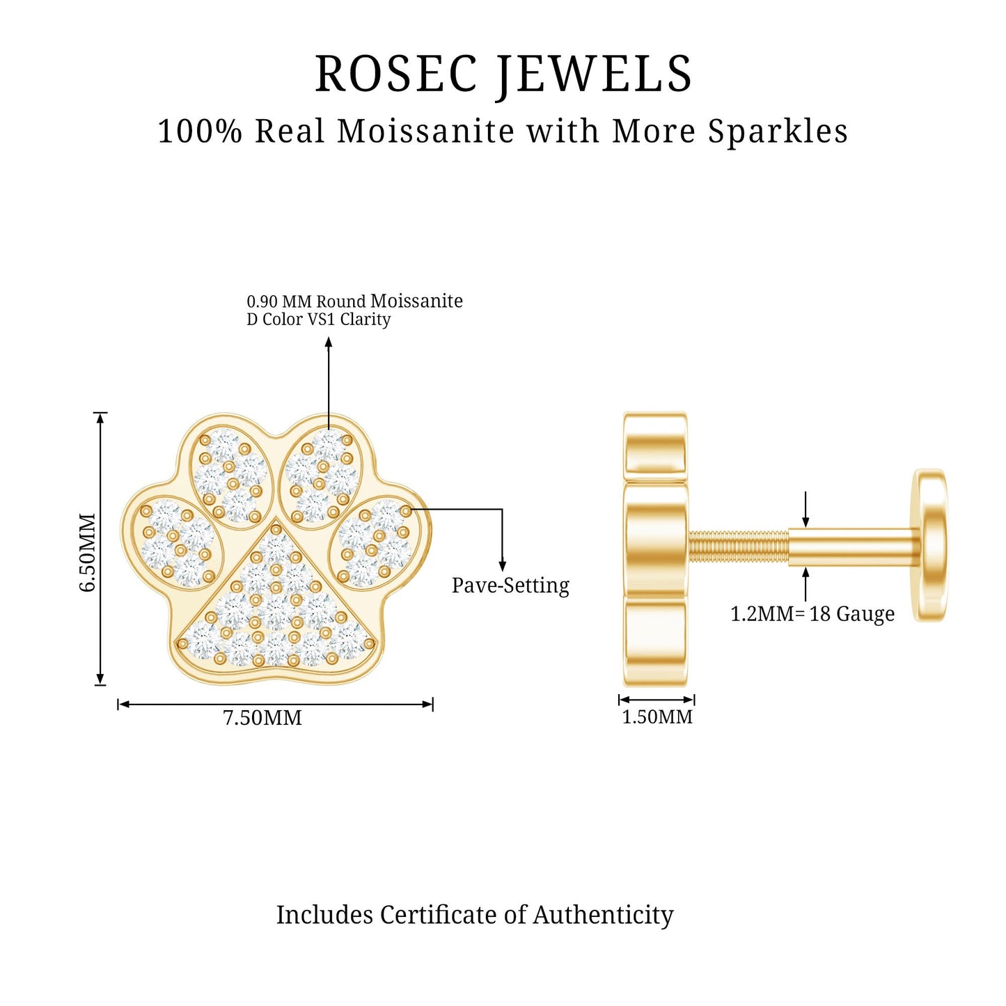 Moissanite Dog Paw Print Earring for Cartilage Piercing