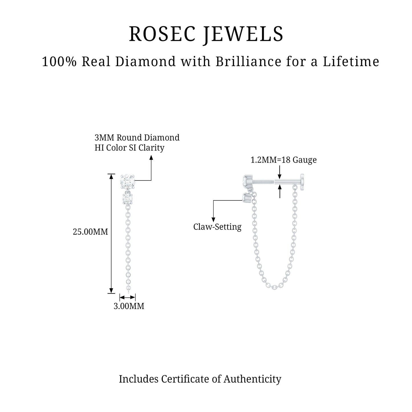 Certified Diamond Chain Drop Earring for Helix Piercing