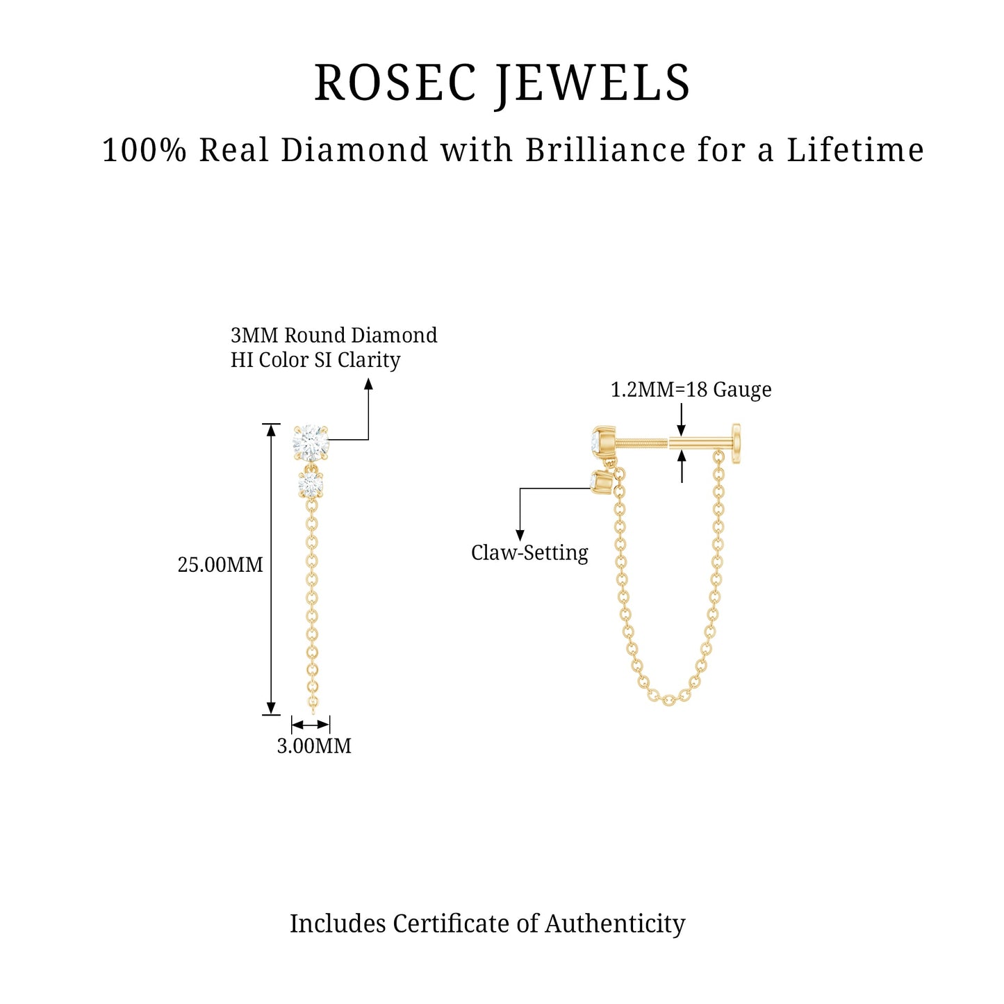 Certified Diamond Chain Drop Earring for Helix Piercing