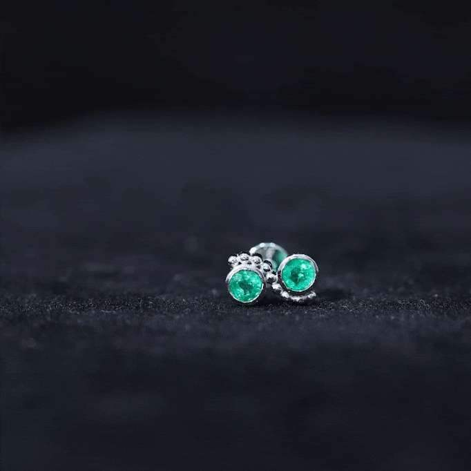 Bezel Set Emerald Two Stone Helix Earring with Beaded Detailing