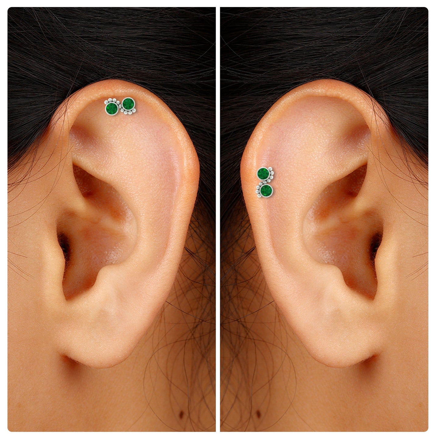 Bezel Set Emerald Two Stone Helix Earring with Beaded Detailing