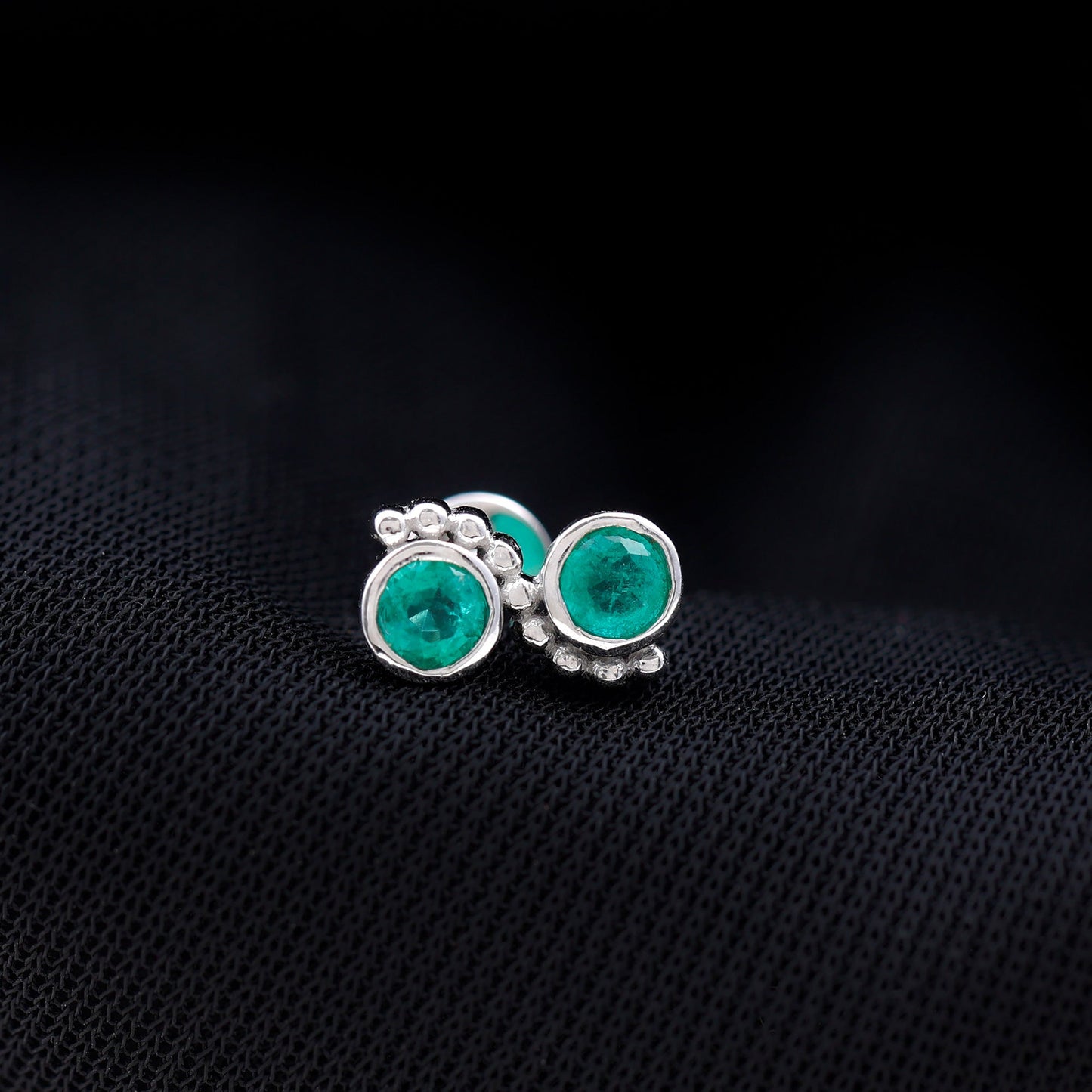 Bezel Set Emerald Two Stone Helix Earring with Beaded Detailing
