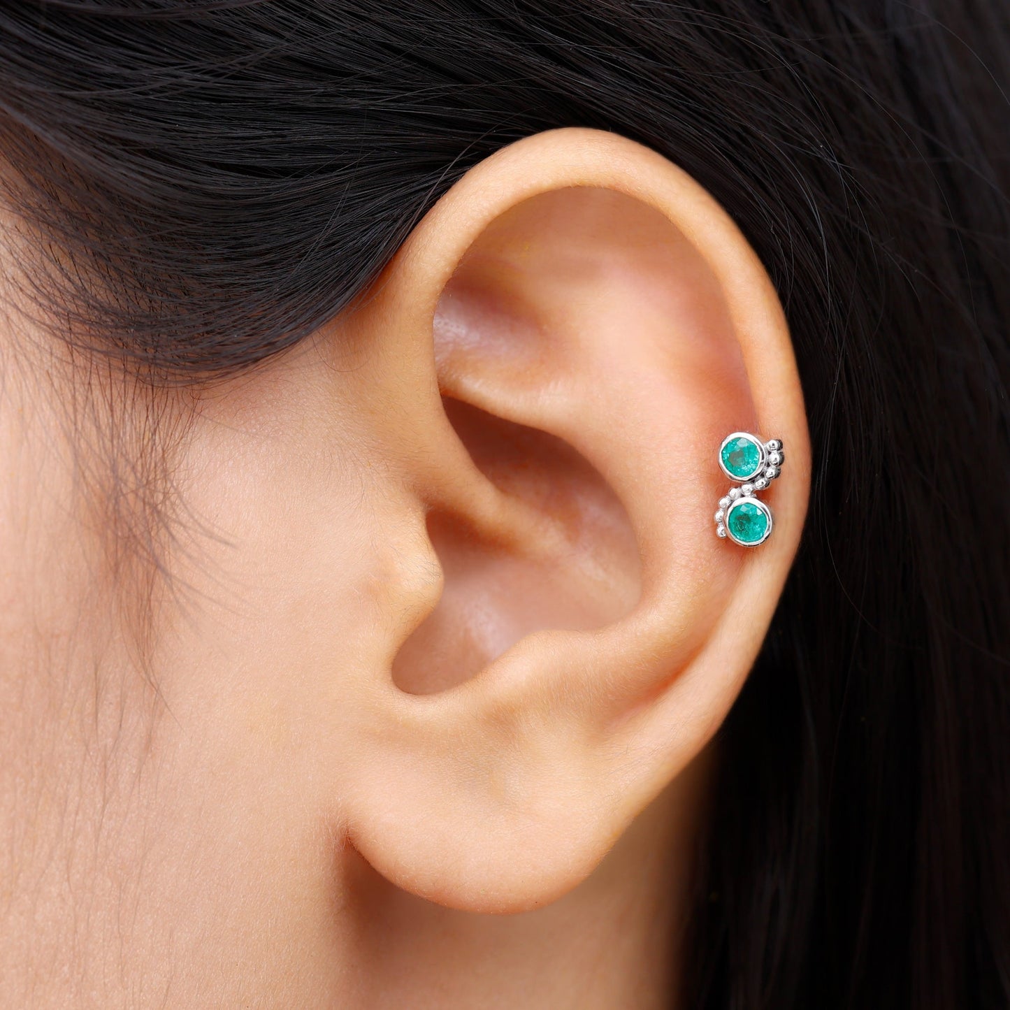 Bezel Set Emerald Two Stone Helix Earring with Beaded Detailing