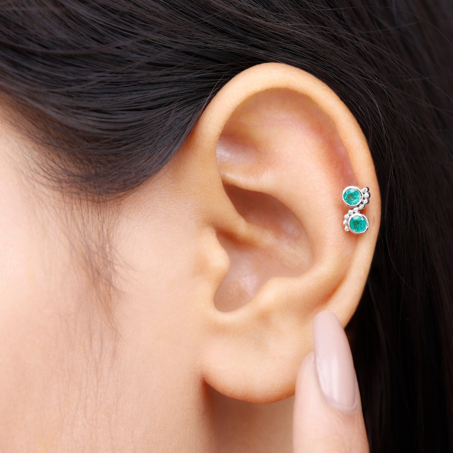 Bezel Set Emerald Two Stone Helix Earring with Beaded Detailing