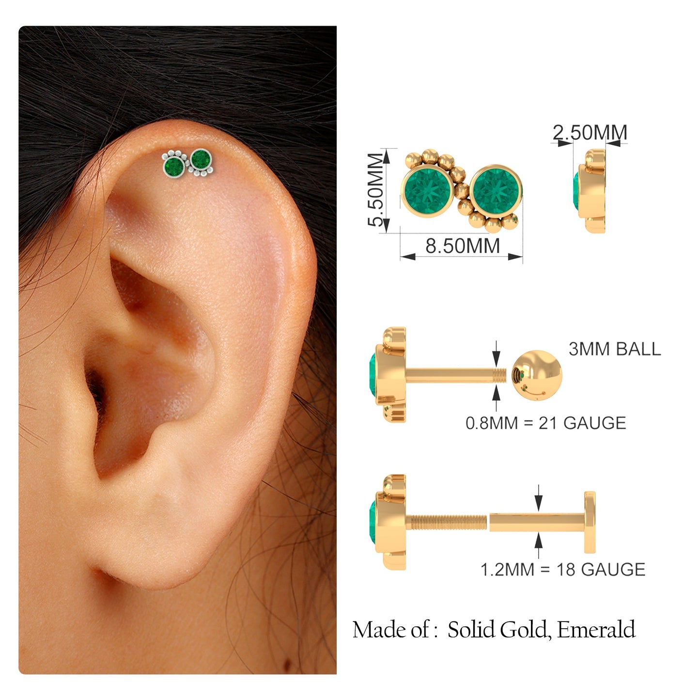 Bezel Set Emerald Two Stone Helix Earring with Beaded Detailing