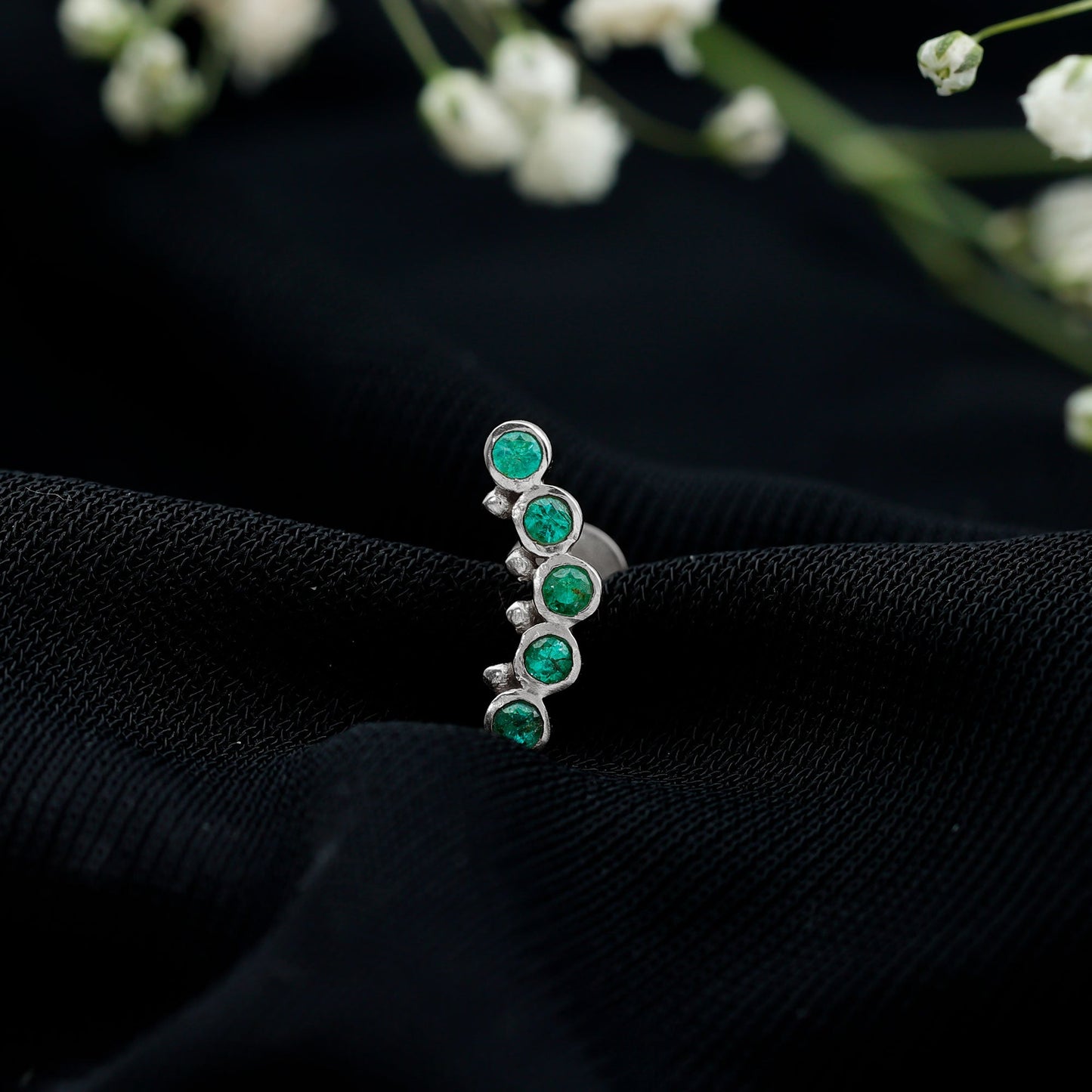 Natural Emerald Curved Climber Earring for Helix Piercing