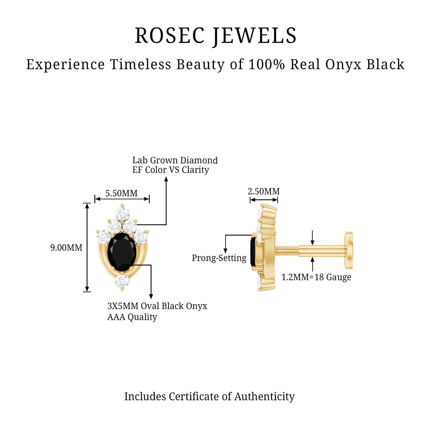 Certified Black Onyx Designer Helix Earring with Lab Grown Diamond