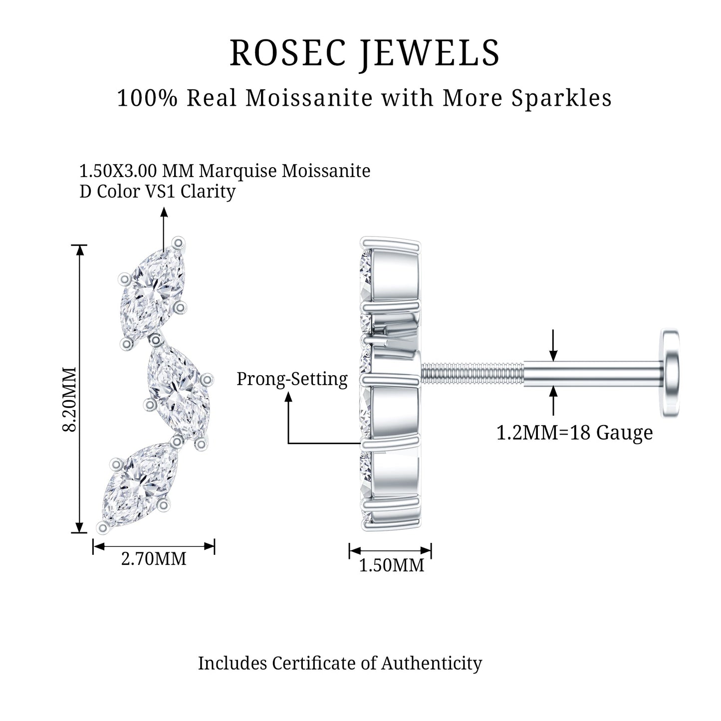 Marquise Cut Moissanite 3 Stone Tragus Earring