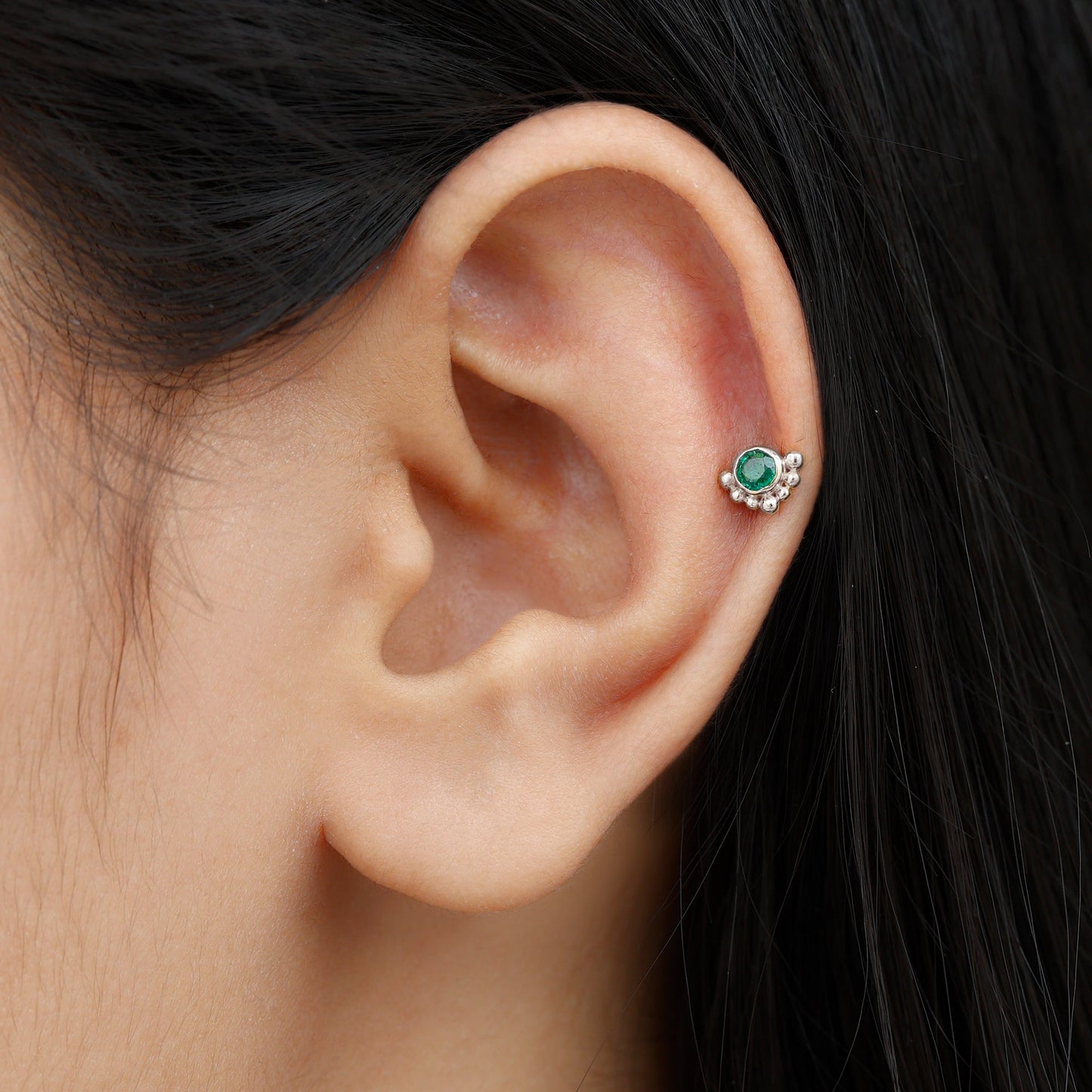 Dainty Round Emerald Tragus Earring with Beaded Detailing