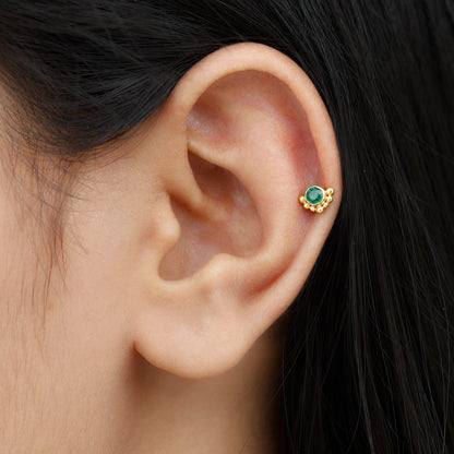 Dainty Round Emerald Tragus Earring with Beaded Detailing