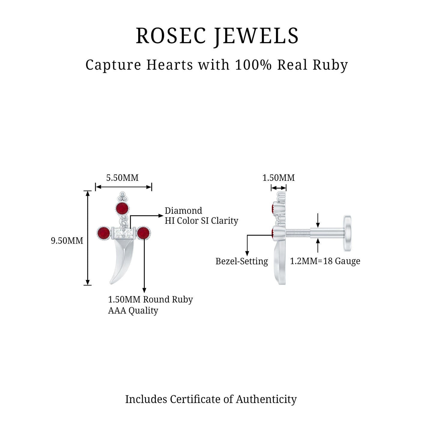 Real Ruby and Diamond Dagger Helix Earring