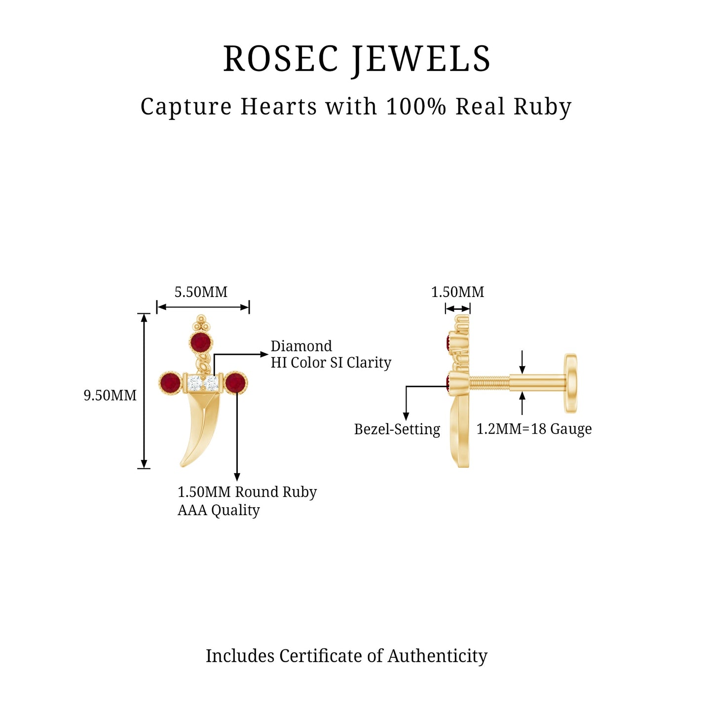 Real Ruby and Diamond Dagger Helix Earring