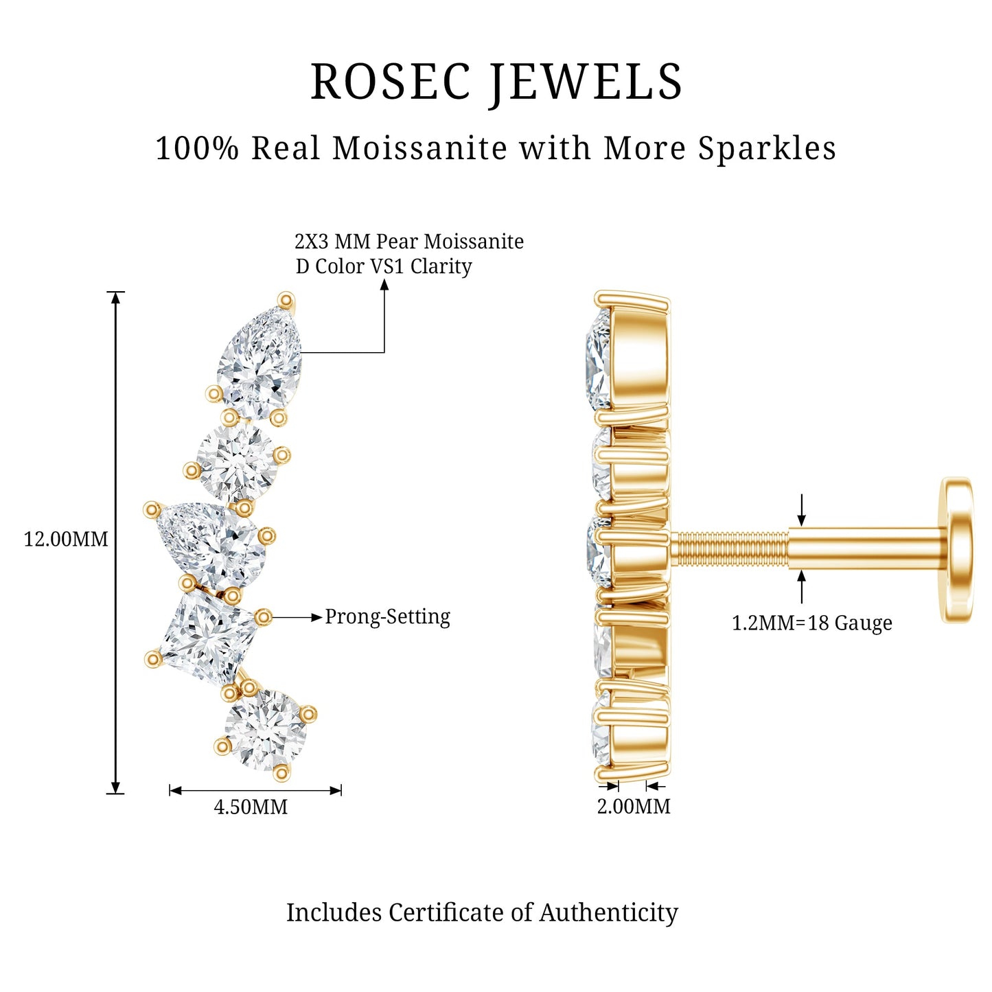 Certified Moissanite Crawler Earring in Prong Setting