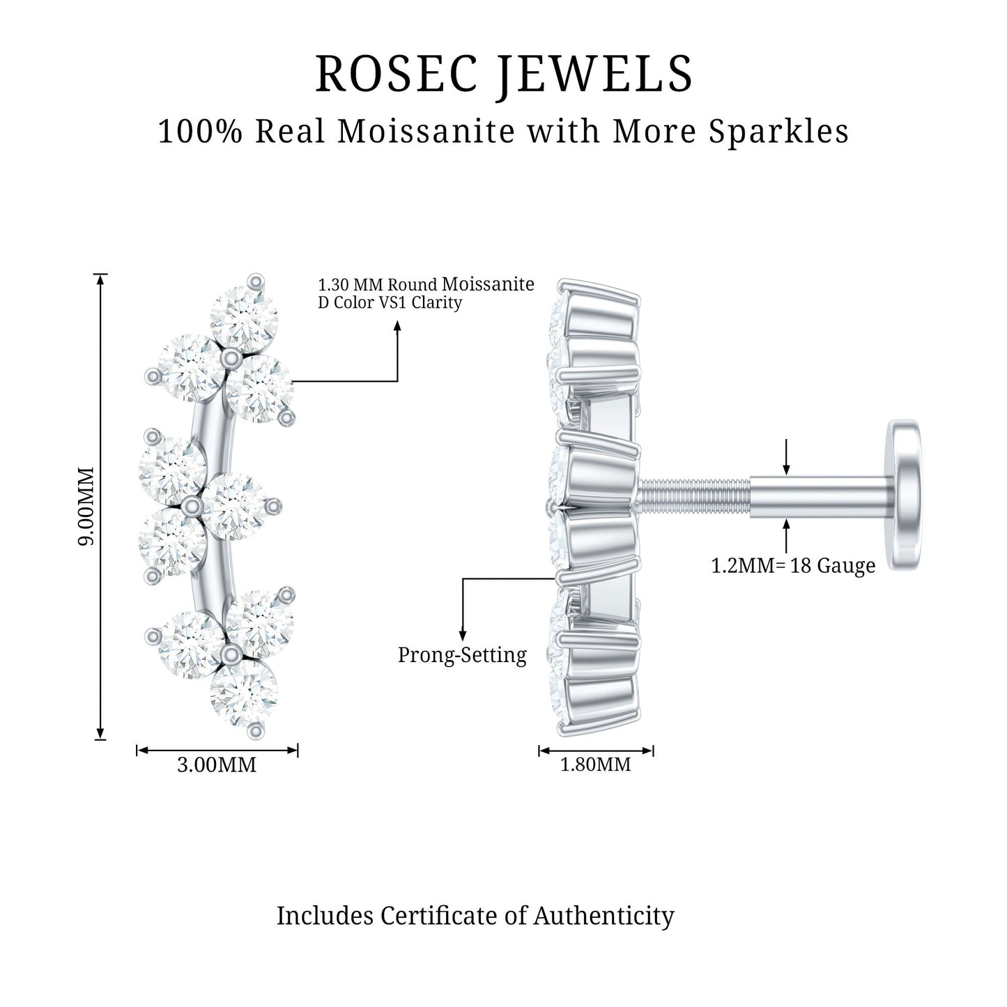 Unique Moissanite Cartilage Climber Earring