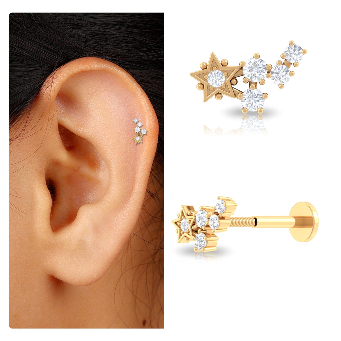 Natural Diamond Star Crawler Earring for Helix Piercing