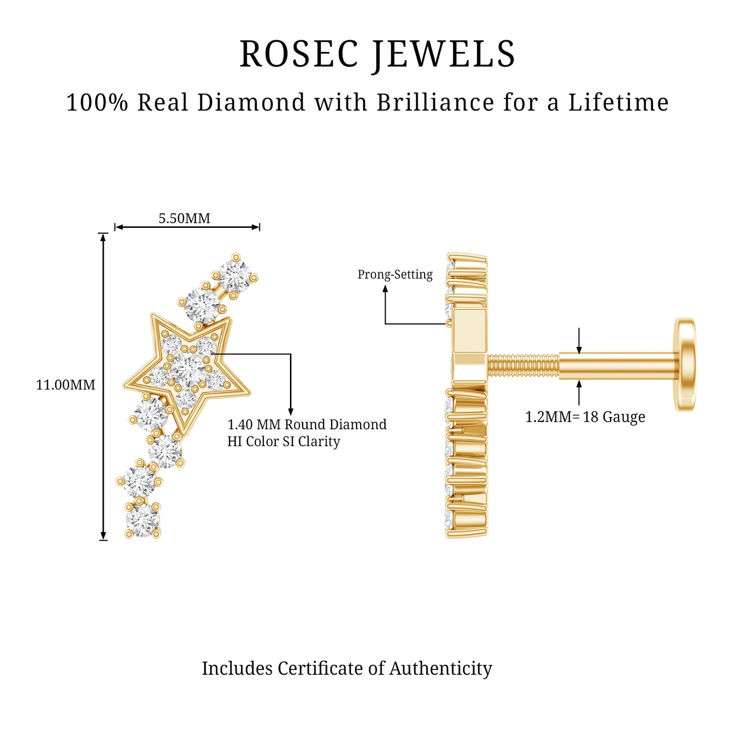 Certified Diamond Star Crawler Earring for Helix Piercing