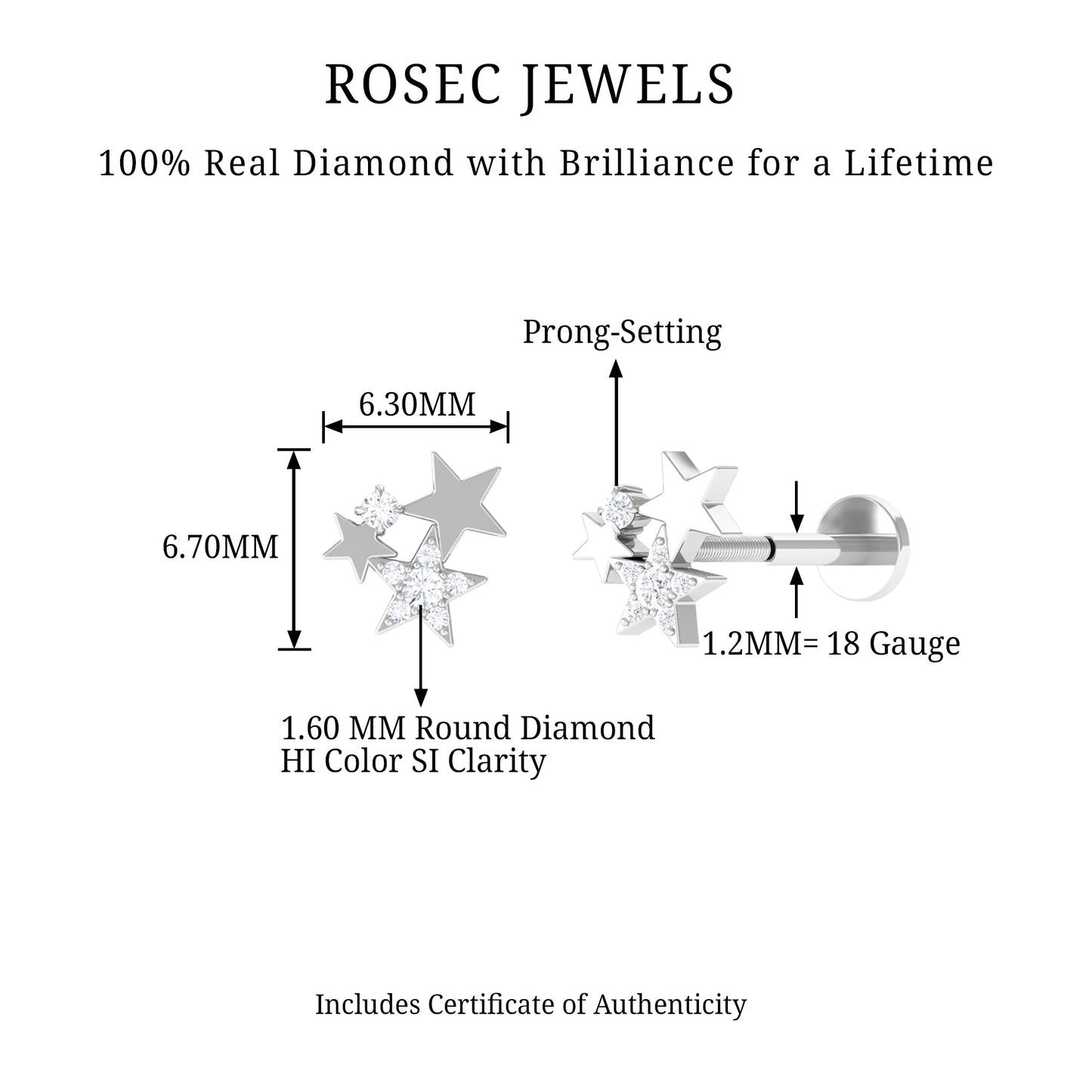 Round Cut Natural Diamond Star Cartilage Earring