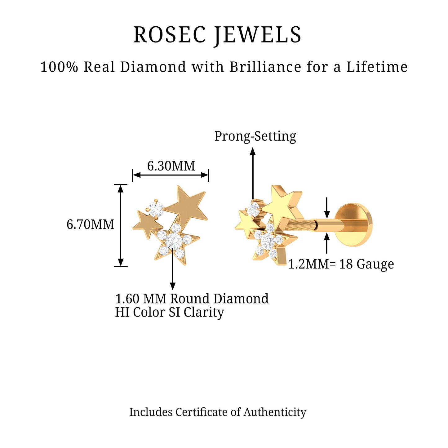 Round Cut Natural Diamond Star Cartilage Earring